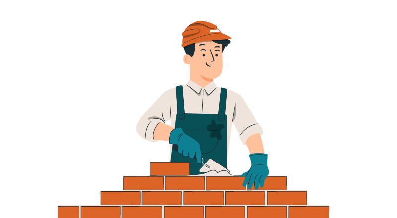 Artist's rendering of person laying bricks to construct walls.  