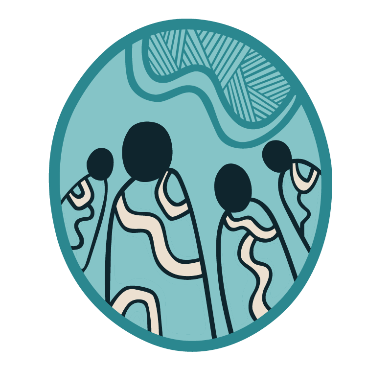 Colourful Aboriginal illustration of a group of people