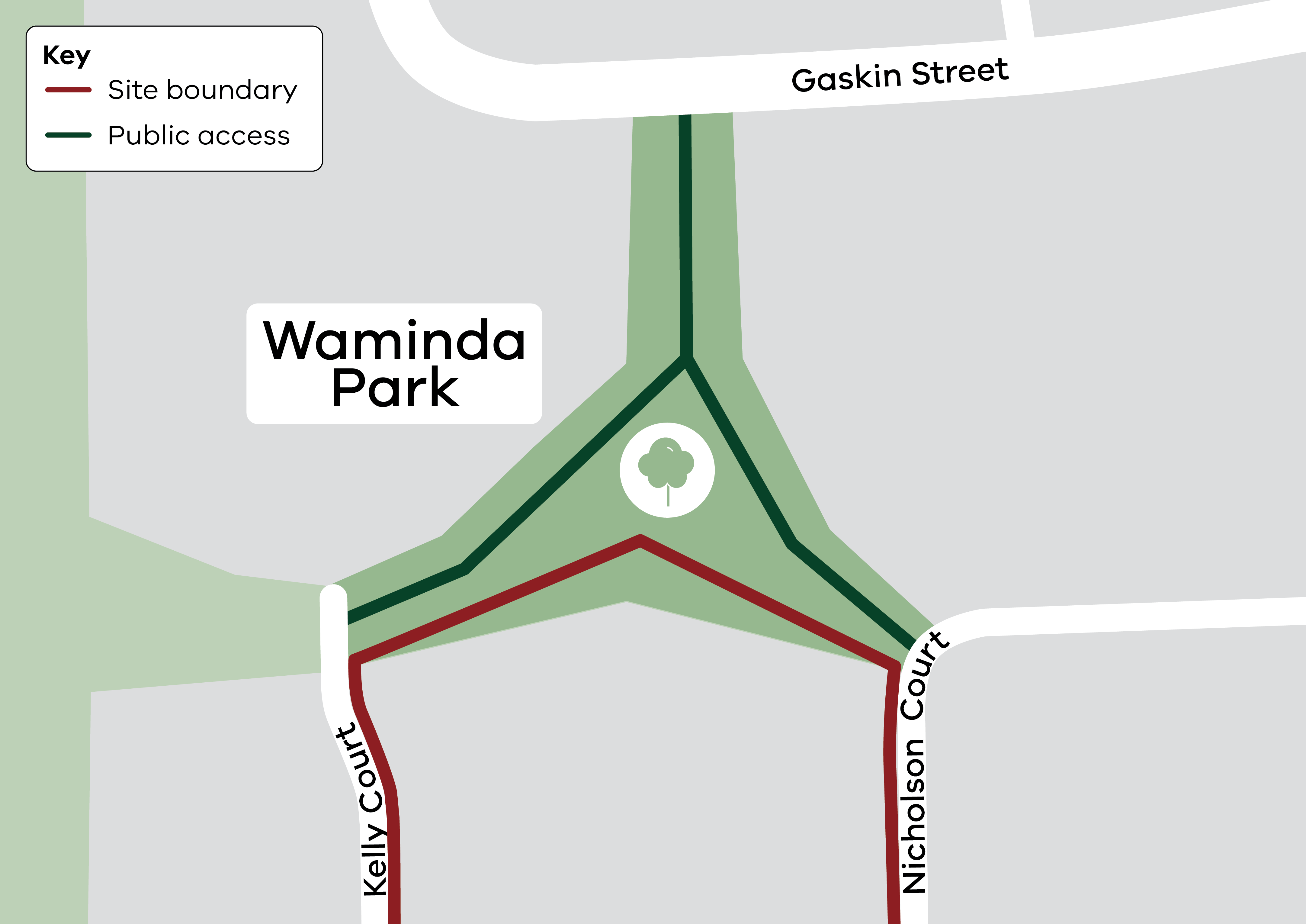 A map showing section of Waminda Park sectioned off for construction site sheds. Public access to remain open. 