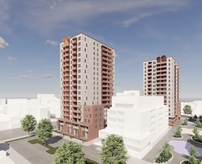 Artist impression with Building B on the left, facing Palmerston Street and Nicholson Street. Building A is on the right, facing onto Station Street and Elgin Street.
