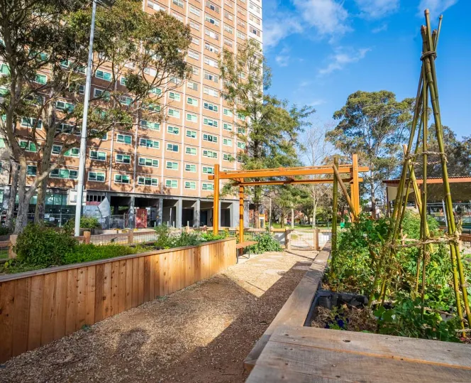 North Richmond outdoor garden area with buildings in background