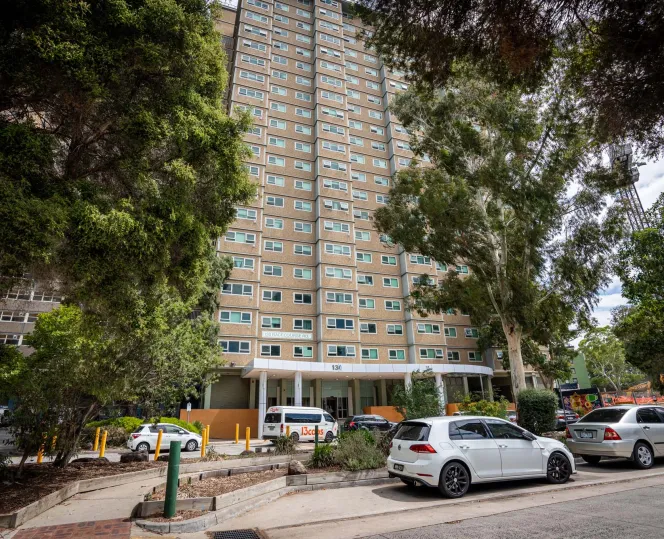 Picture of the front of 130 Racecourse road, Flemington, Tower Block from the ground