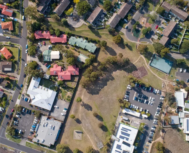 Drone image of energy efficient social housing in Banksia Gardens