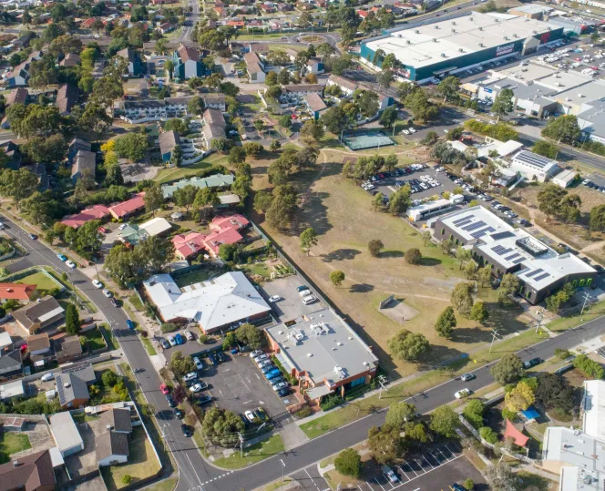 Drone image of energy efficient social housing in Banksia Gardens