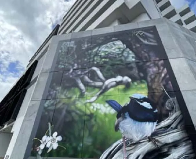 artist mural on apartment building wall. art is of a bird 