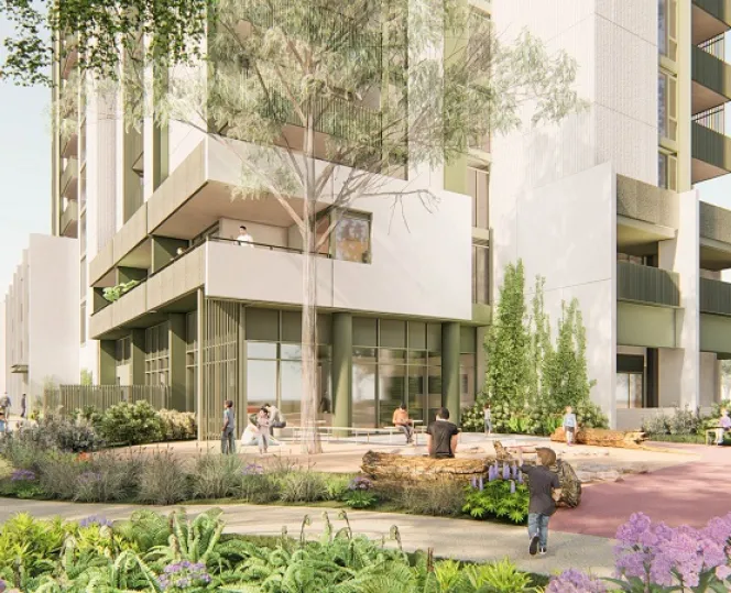 Artist render of the Barak Beacon, Port Melbourne residents enjoying the greenery and spending quality time outdoor
