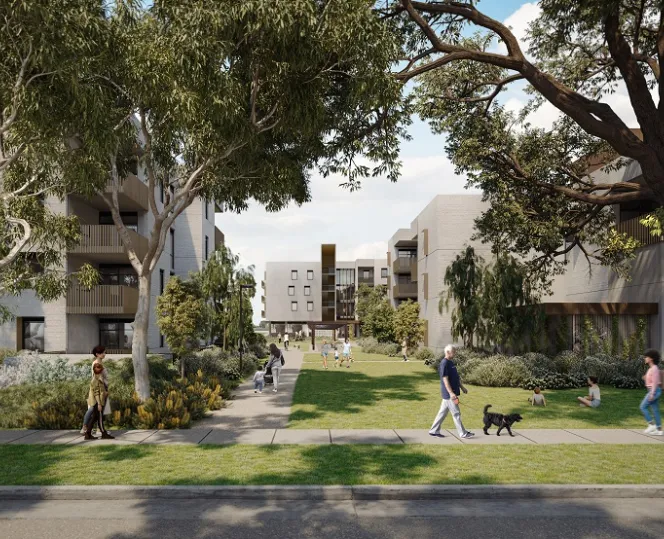 artist render of a new residential apartment with trees and a people around