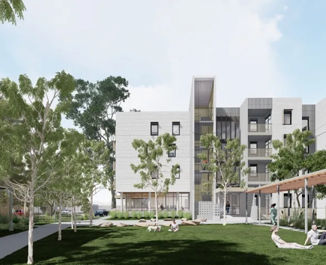 artist render of a new residential apartment with open space, trees and a people around