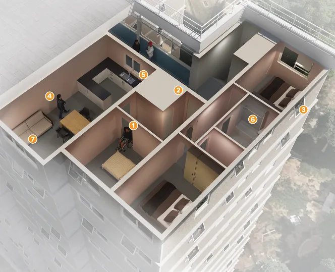 Image shows a render of a social housing tower 