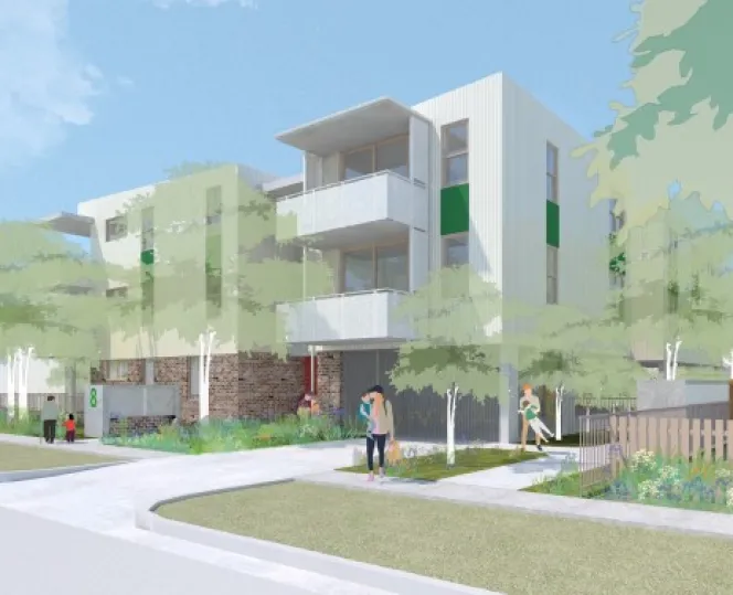artist render of apartment building with local community around