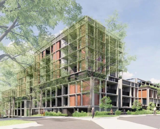 An artist’s impression of the Walker street redevelopment from the street, surrounded by trees.  