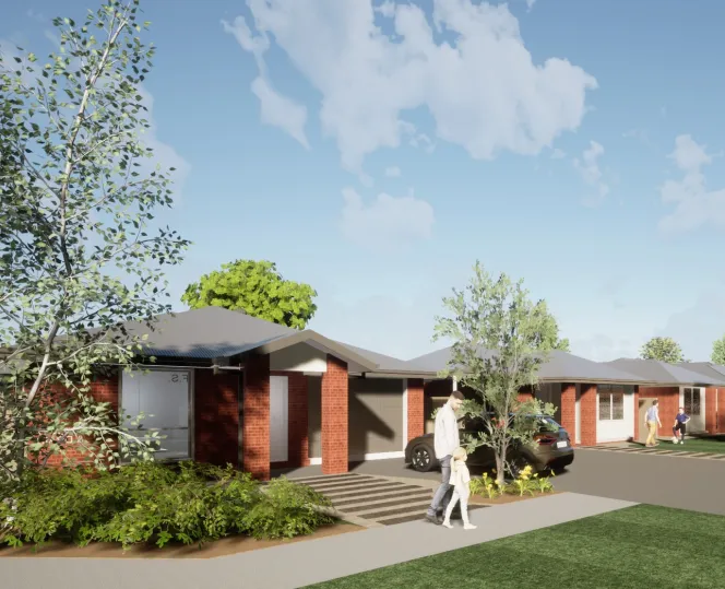 Artist impression of new red bricks homes with trees and shrubs around them