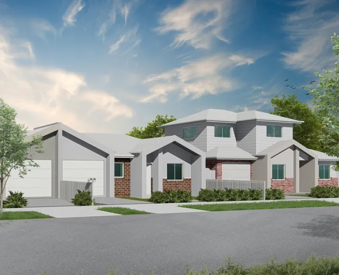 artist render of beautiful houses surrounded by landscaping and open sky