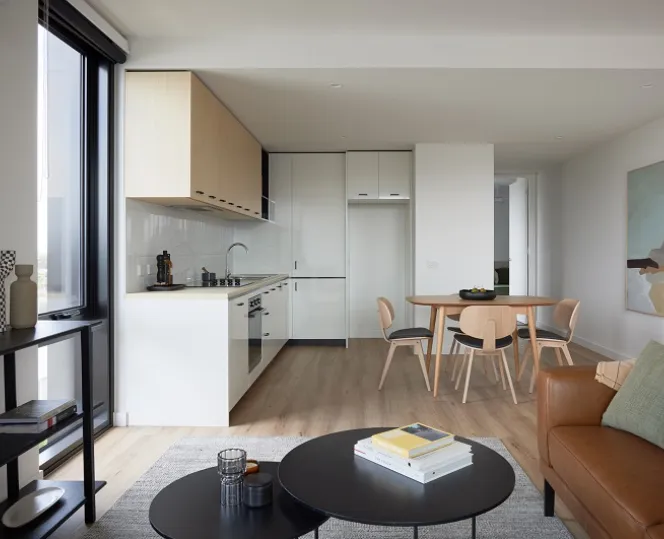 Image of indoor area with modern kitchen, meal and family area 