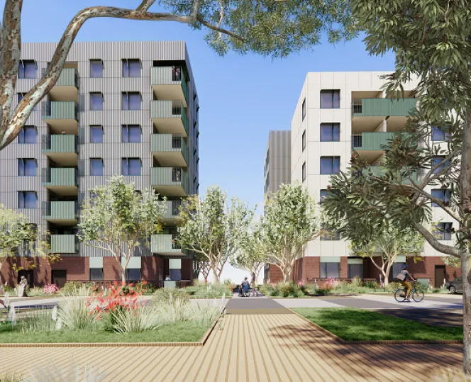 Artist’s impression of two apartment buildings with landscaped greenery, paved walkways and car parking in front of them. 