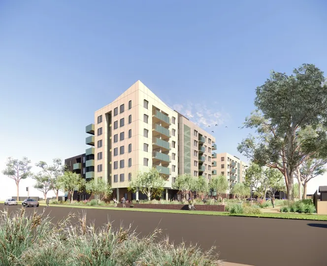 Artist’s impression of 2 large apartment buildings surrounded by greenery and landscaped gardens with a clear blue sky behind them. 