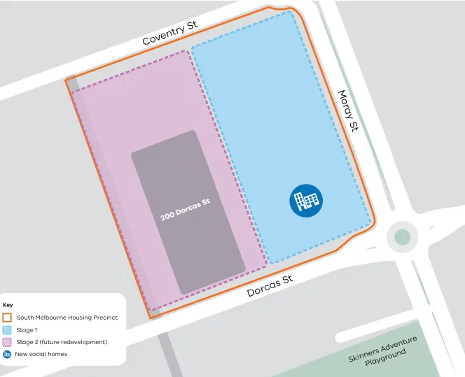 Image of a Map showing the stage 2 redevelopment 200, Dorcas street, in South Melbourne precinct located between Coventry Street, Moray Street and Dorcas Street.