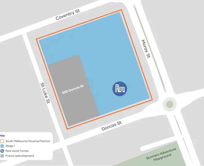 Map showing the South Melbourne precinct located between Coventry Street, Moray Street, Dorcas Street and St Luke Street. 200 Dorcas Street is part of the precinct on the corner of Dorcas Street and St Luke Street