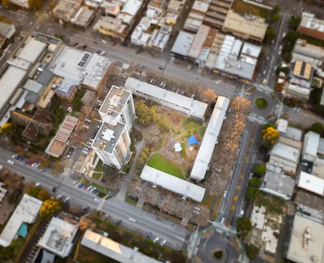Drone image of Dorcas Street precinct in South Melbourne surrounded with local community