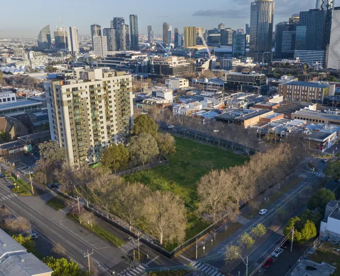 Aerial image of the South Melbourne precinct at Dorcas Street with the Melbourne city skyline in the background