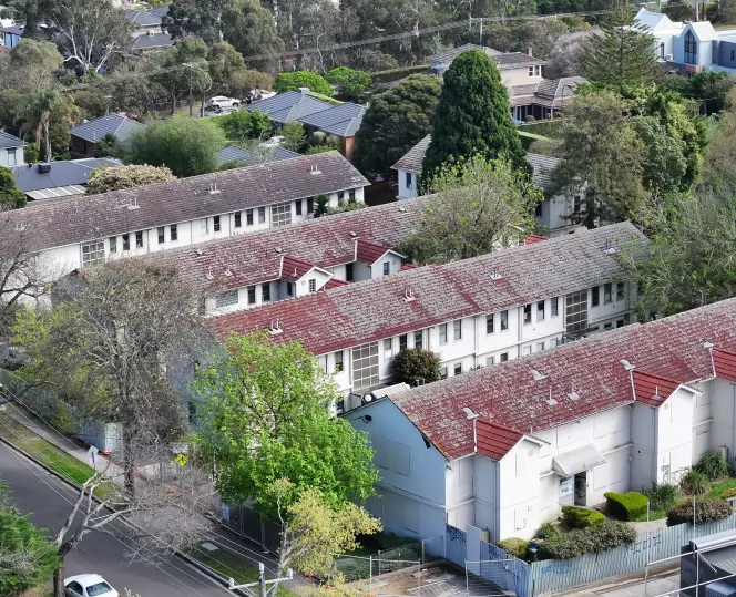 Drone image of residential houses at Alamein Avenue and Ambon Street in Ashburton.”