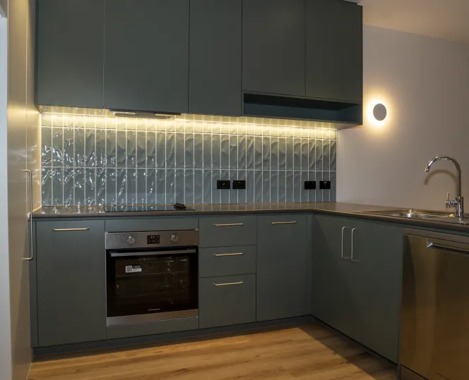 Image of  modern apartment  with moulder kitchen, dishwasher, electric cook top, and oven 