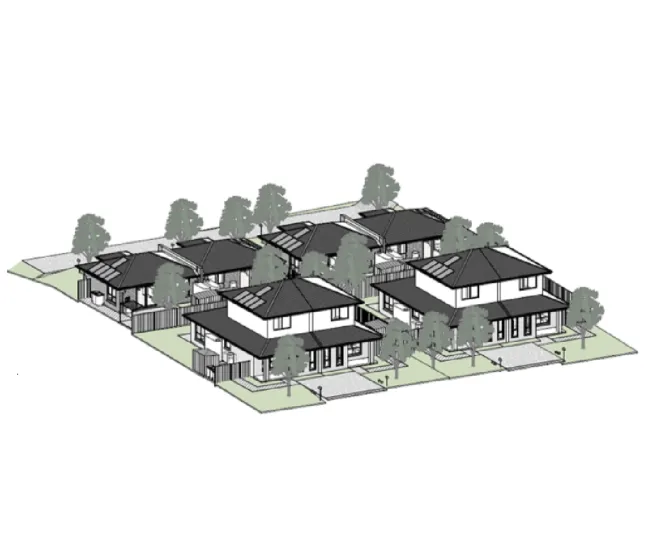 Artist render of houses with landscape and plantation around