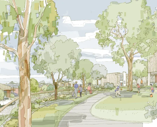 Artist’s impression of buildings and houses surrounded by trees and landscaped areas, with people from the local community interacting outdoors.