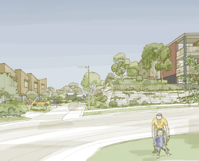 Artistic view with people along with kids, cars parked and trees around the street