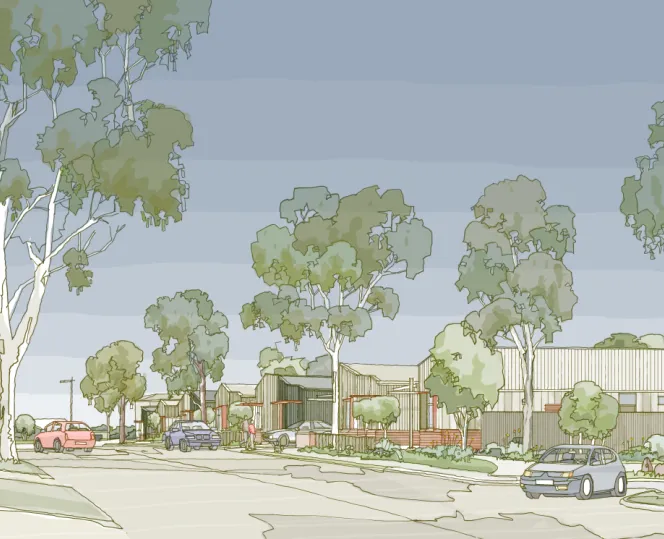 Artist’s impression of  houses surrounded by trees and landscaped areas, with people from the local community interacting outdoors.