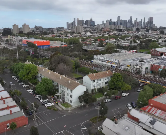 Aerial image of the Noone Street and Rutland Street housing site in Clifton Hill