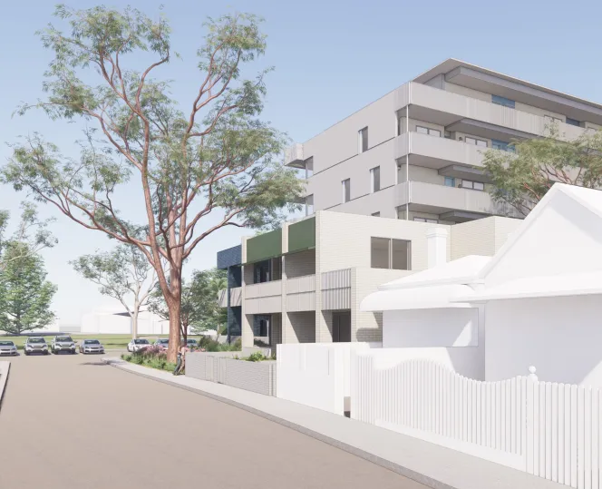 Artist’s impression from Bella Street, looking north-west at Buildings A and C.