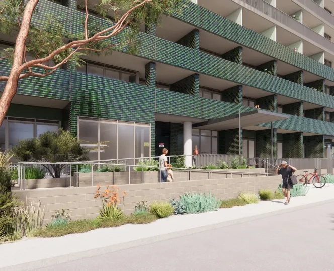 Artist’s impression from Essex Street, looking south-east at Building A, with people walking by.