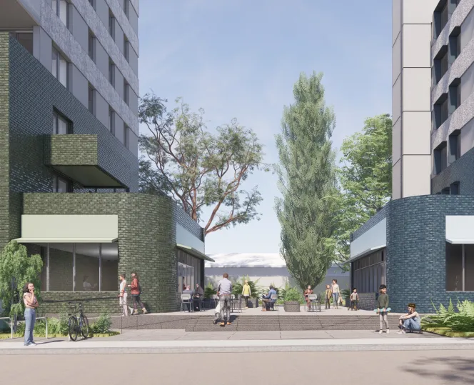 Artist’s impression from Essex Street, looking east at the central community terrace between Buildings B and C, with people walking by and casually socialising while sitting down.