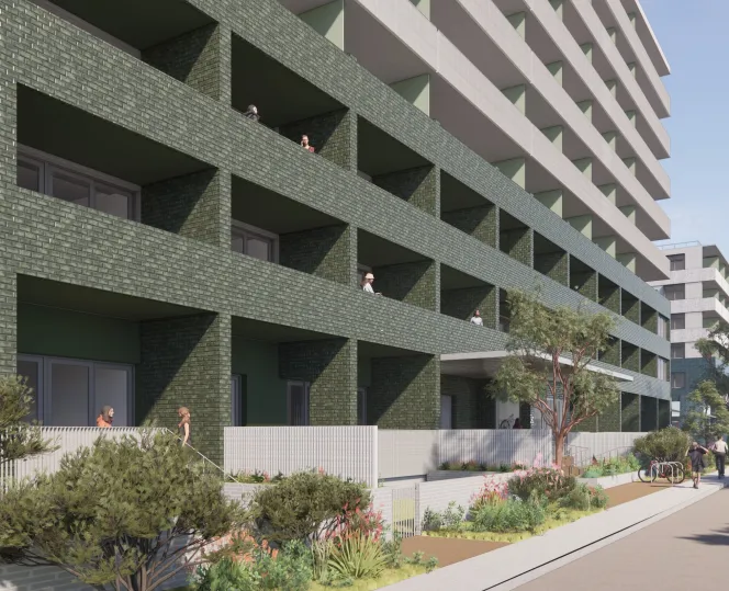 Artist’s impression from Essex Street, looking south-east at Building A, surrounded by greenery.