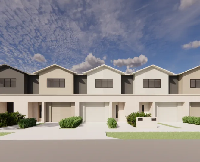 Artist impression of a modern townhouse with landscaped greenery.