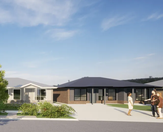 Artist impression of a modern townhouse with people walking nearby and landscaped greenery.