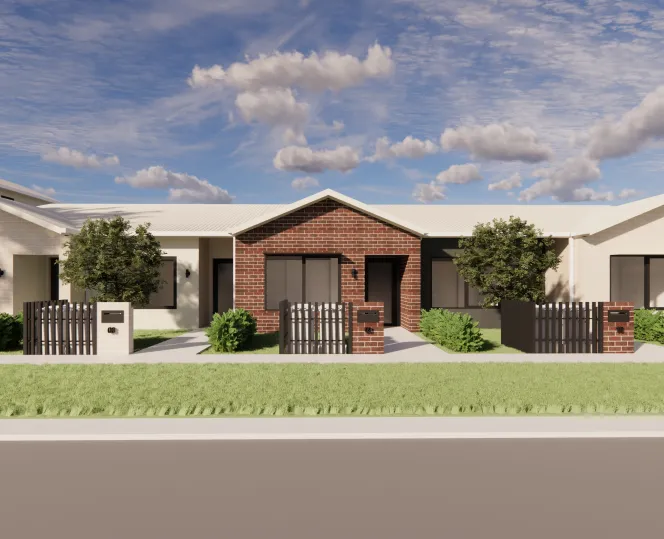 Artist impression of a modern townhouse with landscaped greenery.  