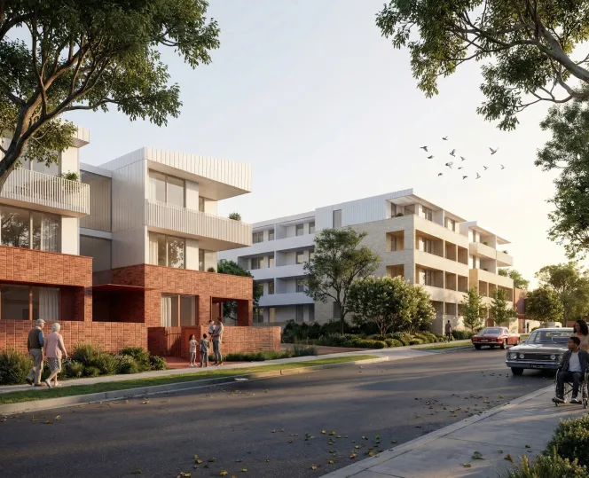 Alamein Street looking south at Buildings A and B 
