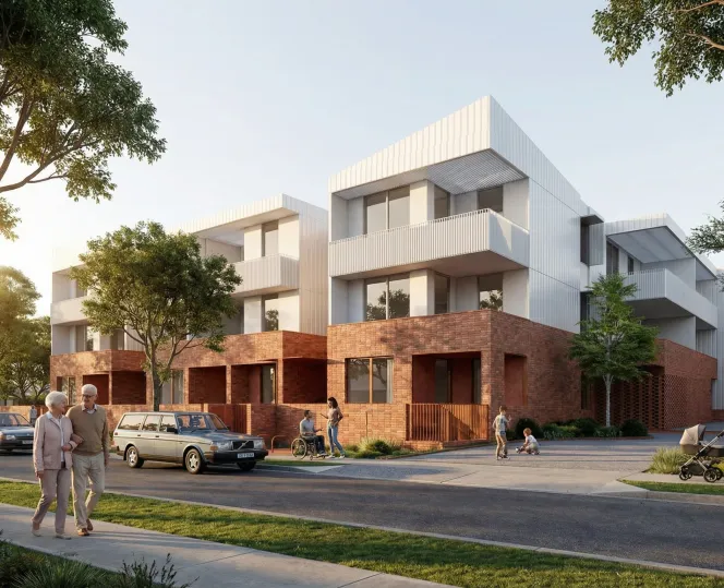 Artist impression showing the proposed modern apartment design for the Clifton Hill redevelopment, including building layout, balconies, and landscaped surroundings.