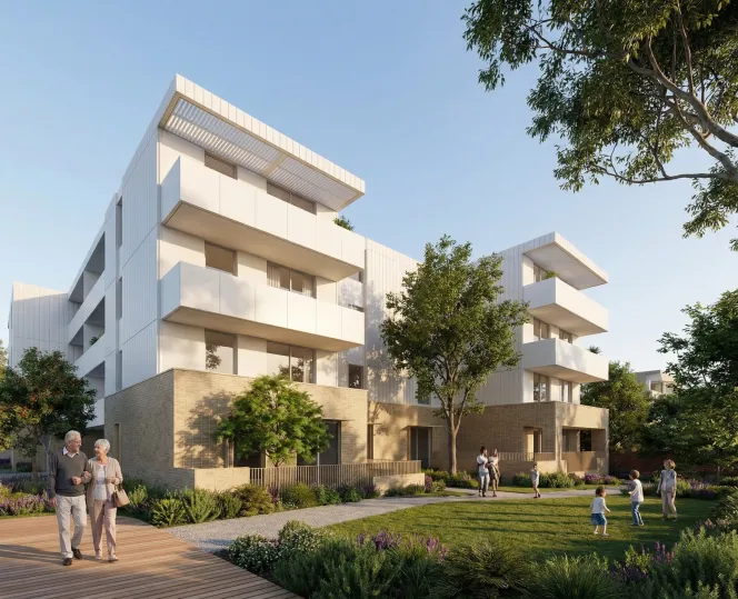 shared outdoor space behind Building B.