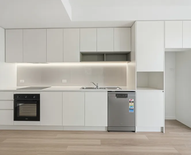 Kitchen with modern appliances and storage