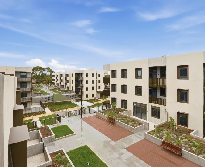 Outdoor shared podium with lawns, benches, and small plant planted