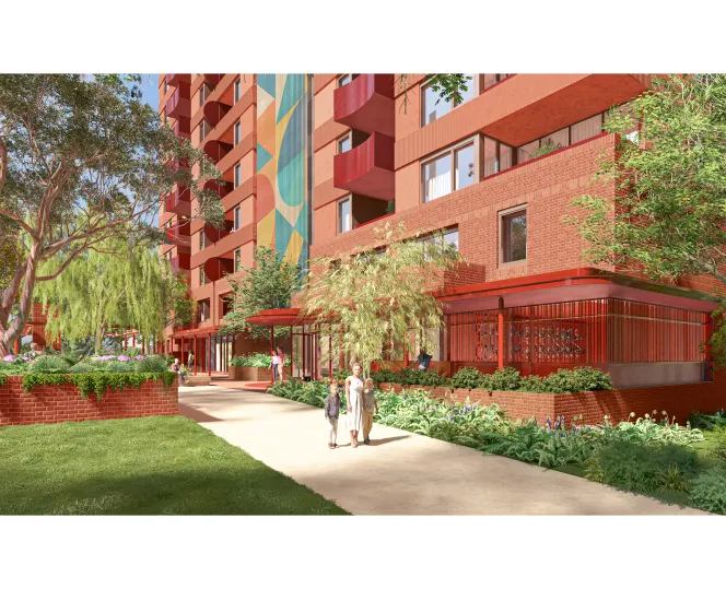 Artist impression of the proposed building entrance and outdoor space looking north from Dorcas Street