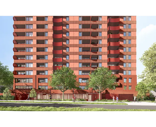 Artist impression of the proposed building on Moray Street, facing east and showing the proposed commercial space(s) on the lower ground floor
