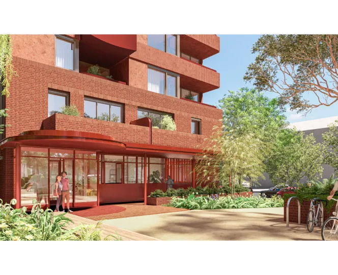 Artist impression of the proposed building entrance and outdoor space looking north from Dorcas Street