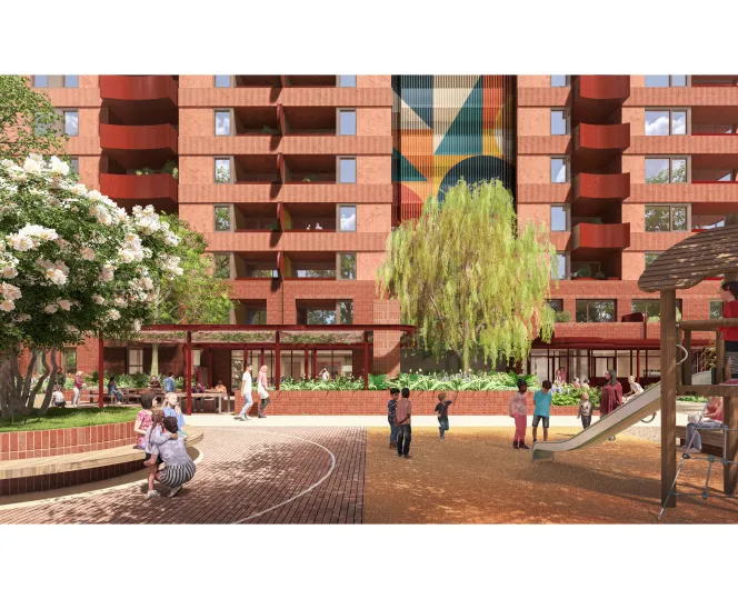 Artist impression of the proposed building and outdoor open space facing west