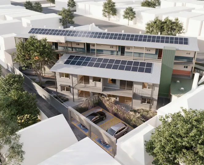 Artist impression of 3 storey building with solar panels and a courtyard