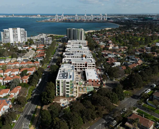 Aerial shot from front facing building
