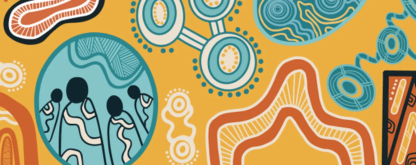 Colourful illustration created by Emma Bamblett depicting 4 key themes: Home, Family, Community and Stability
